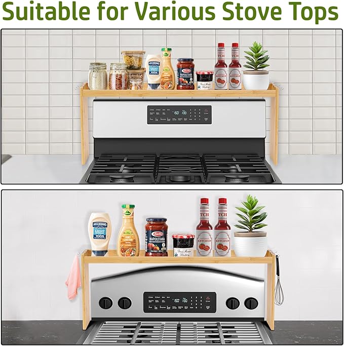 Bamboo Stove Top Shelf - Over The Stove Shelf for Kitchen, 31" Countertop Spice Rack Organizer Kitchen Space Savers, Protective Lips with 6 Hooks, Easy to Assemble