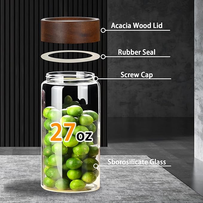 27oz Glass Storage Jars with Airtight Wooden Screw Lid, Set of 2,Coffee Sugar Container Set with Wooden Lid, and 4pack Stainless Steel Measuring Spoons,for Beans, Oatmeal, Sugar and etc