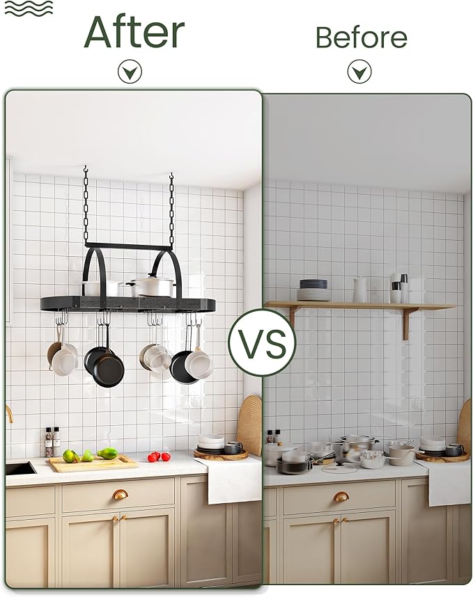Hanging Pot Rack, Pot Hanger for Kitchen, Ceiling Mounted Pot Holder, Cookware Organizer with 12 S-Shaped Hooks, for Pot, Pan Storage, Space-Saving, Charcoal Black and Black TPR08BCC1