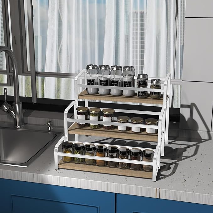 Spice Rack Organizer for Countertop , 3-Tier Spice Storage Holder with Magnetic Connetion for Kitchen , Durable Syrup Rack with Fall Protection ,Versatile Display Rack for Wine Bottles,Cosmetics.