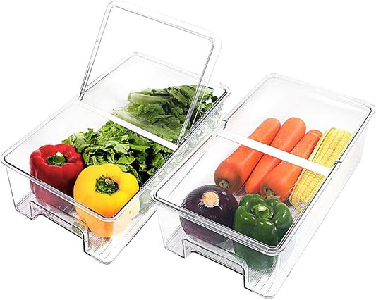 elabo Food Storage Containers Fridge Produce Saver- Stackable Refrigerator Freezer Organizer Keeper Drawers Ice Bins with Lids, Fridge Organizers and Storage Bins for Kitchen, Cabinet, 2 Pack