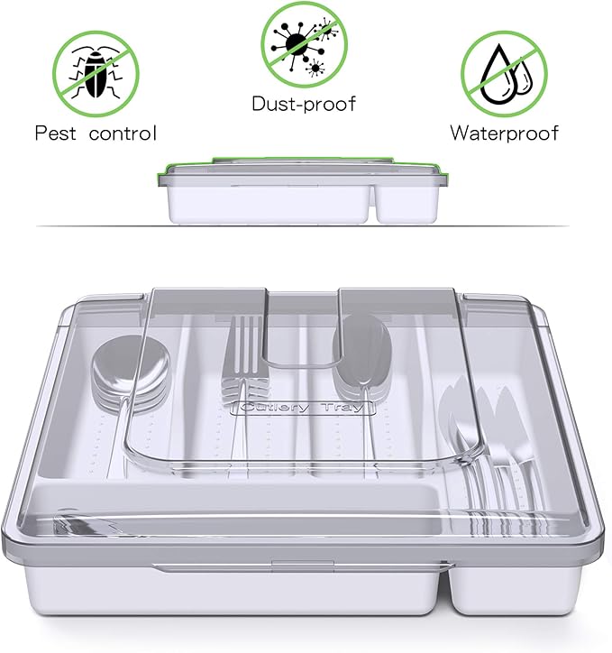Silverware Organizer with Cover, Portable Cutlery Holder Flatware Tray with Lid Plastic Silverware Storage Box Airtight Black Cutlery Tray with Lid (White)