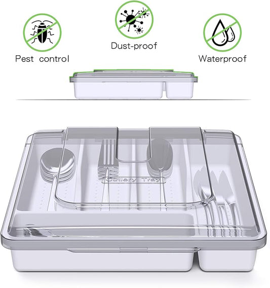Silverware Organizer with Cover, Portable Cutlery Holder Flatware Tray with Lid Plastic Silverware Storage Box Airtight Black Cutlery Tray with Lid (White)