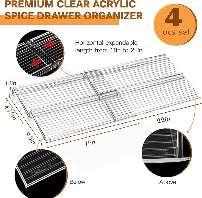 Spice Drawer Organizer, 4 Tier Clear Acrylic Drawer Seasoning Organizer Rack, Kitchen Seasoning Jars Drawers Insert, Expandable 11" to 22" Spice Rack Tray for Cabinet/Countertop (Jars Not Included)