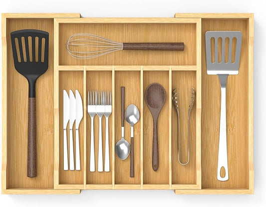 Bamboo Kitchen Drawer Organizer, 13" to 23" Expandable Utensils Organizer and Cutlery Tray Holder, Drawer Divider for Silverware, Flatware