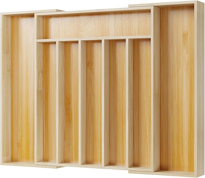 Kitsure Bamboo Silverware Organizer – Expandable drawer organizer with 6 to 8 slots, 12.40"×10.60"×1.77"