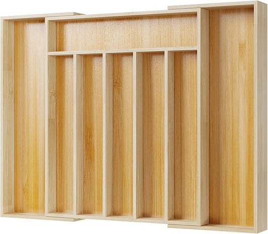 Kitsure Bamboo Silverware Organizer – Expandable drawer organizer with 6 to 8 slots, 12.40"×10.60"×1.77"