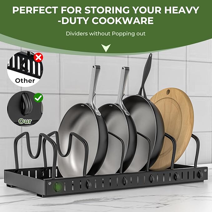 Pots and Pans Organizer Under Cabinet, 8-Tier Sliding Adjustable Pan Organizer Rack and Pot Lid Holder, Pull out Pot Lid Organizer for Cabinet, Kitchen Cabinet Organization and Storage (2pcs-Black)