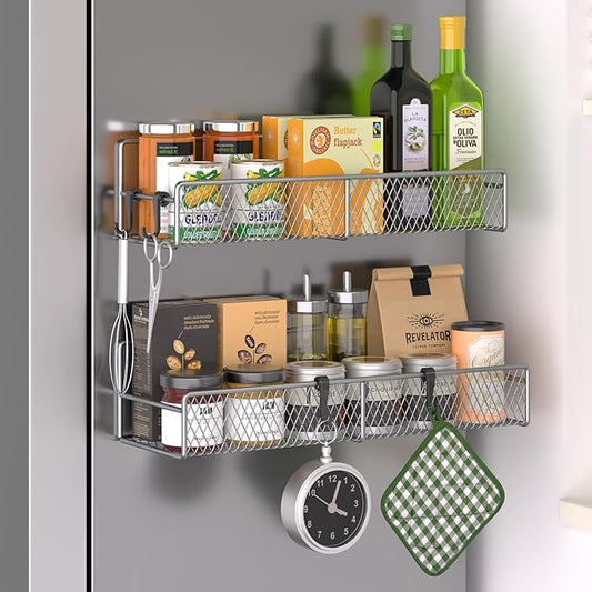 Magnetic Spice Rack for Refrigerator, 2 Pack Metal Magnetic Shelf Grey, Moveable Spice Organizer with Hooks, Super Magnetic Fridge Shelf for Kitchen Organization and Storage