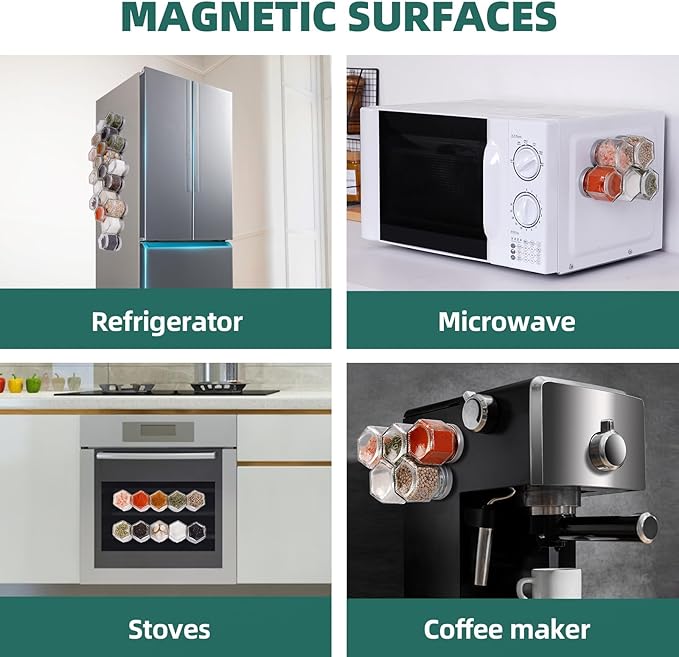 Set of 10 Magnetic Spice Jars for Refrigerator, Glass Small Hexagon Magnet Seasoning Containers with Labels, Shaker Lids, Fridge Magnetic Spice Rack Organizer with Jars