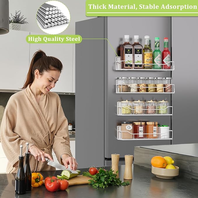 Magnetic Spice Rack for Refrigerator, 4 Pack Metal Strong Magnet Spice Organizer Shelves, Magnetic Fridge Shelf for Kitchen Seasoning Organizer Gadgets, Home Organization and Storage (White)