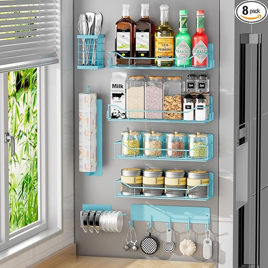 Magnetic Spice Rack for Refrigerator,8 Pack Magnetic Fridge Shelf, Moveable Spice Organizer with Hook Rack, Paper Towel Holder, Utensil Holder,cup lid holder, Super Magnetic Rack Set (Blue)