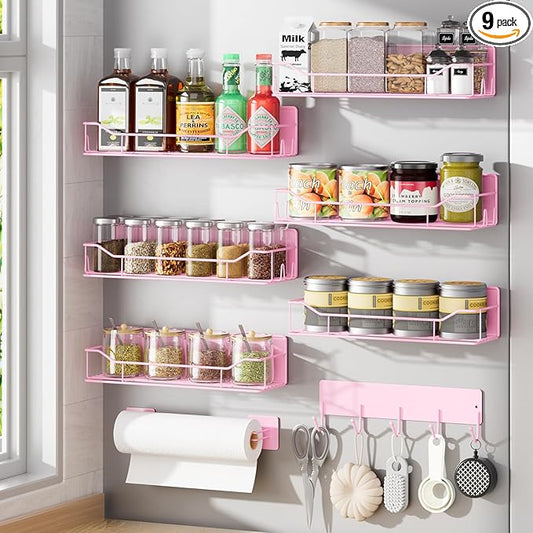 Magnetic Spice Rack for Refrigerator, 9 Pack Magnetic Fridge Shelves W/Adjustable Paper Towel Holder, Hook Rack, Moveable Spice Organizer Shelf for Kitchen Organization and Storage (Pink)