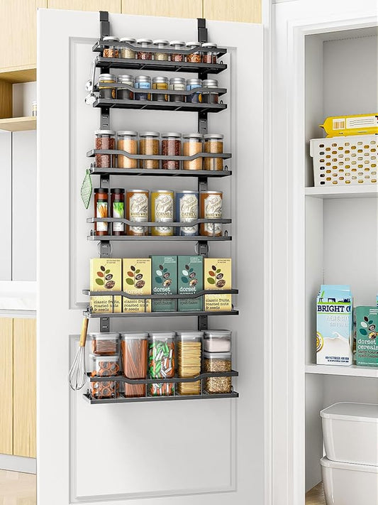 Over The Door Pantry Organizer, 6-Tier Over The Door Organizer with Adjustable Baskets, Metal Hanging Spice Rack for Pantry Organizers and Storage, Suitable for Kitchen Laundry Room & Bathroom, Black