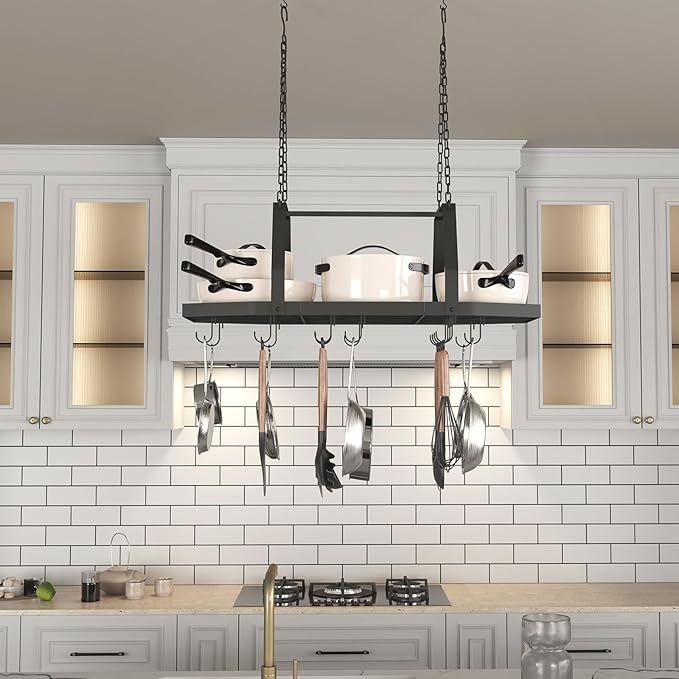 Hexagon Ceiling Pot Rack Hanging Pan Rack Hanging with 15 Hooks, 34" Metal Hanging Pots and Pans Ceiling Mount Organizer Rack, Pot and Pan Hangers for Kitchen Cookware Utensils