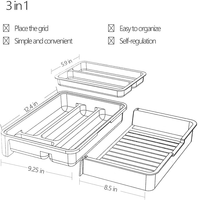 HornTide 3-in-1 Cutlery Tray Expandable Utensils Holder Plastic Kitchen Drawer Organizer for Silverware Storage and More - White