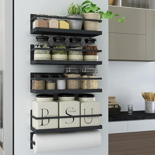 Magnetic Spice Rack for Refrigerator - 4 Pack Black with Magnetic Paper Towel Holder