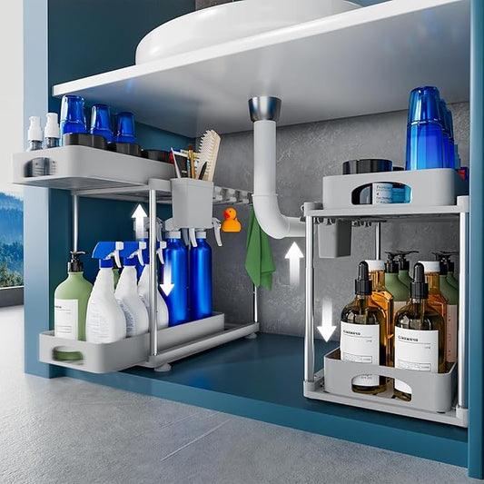 Under Sink Organizers and Storage, 2 Pack Under Kitchen Bathroom Sink Organizer, 2 Tier Under Cabinet Pull Out Storage, Adjustable Under Counter Storage Organizer, Gray