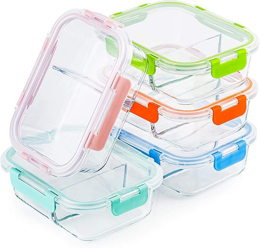 C CREST Glass Meal Prep Containers 2 Compartment Set, 5-Pack, 34oz, Glass Bento Boxes for Adults, Divided Glass Lunch Containers with Lids