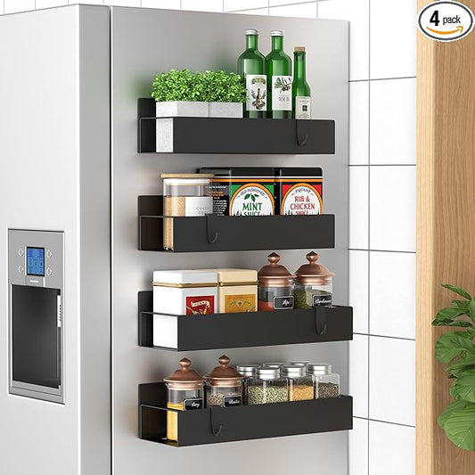 4 Pack Magnetic Spice Storage Rack Organizer for Refrigerator and Oven, Matt Black Fridge Organizers and Storage