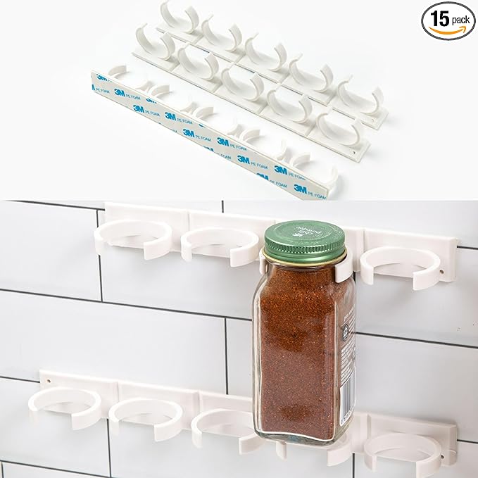 Spice Clip Strips For Cabinet Doors - Organizer for Spices - Spice Rack Holds15 Spice Jars - 3M Adhesive Gripper Clip Strips In White For Pantry 15 Ct