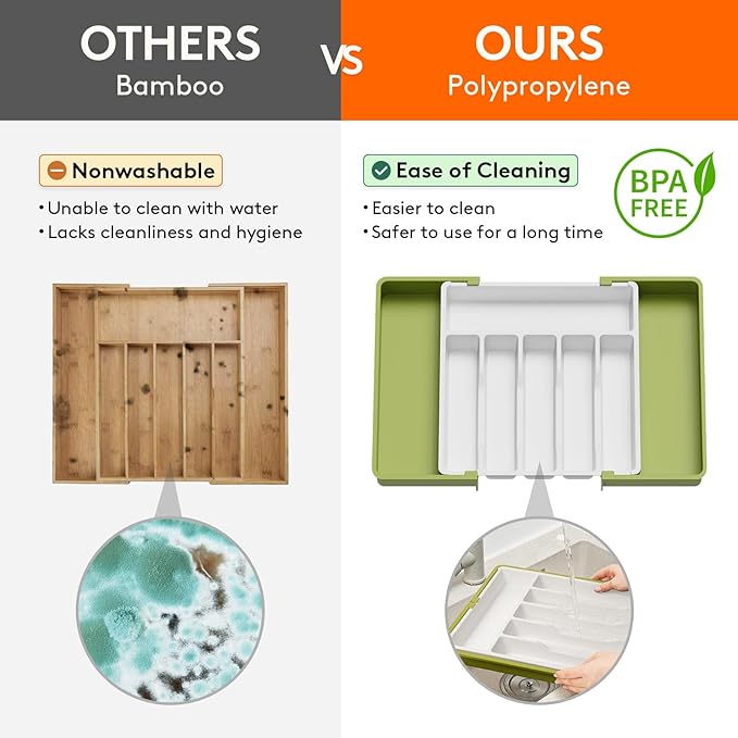 Lifewit Silverware Drawer Organizer, Expandable Utensil Tray for Kitchen, BPA Free Flatware and Cutlery Holder, Adjustable Plastic Storage for Spoons Forks Knives, Large, Green&White