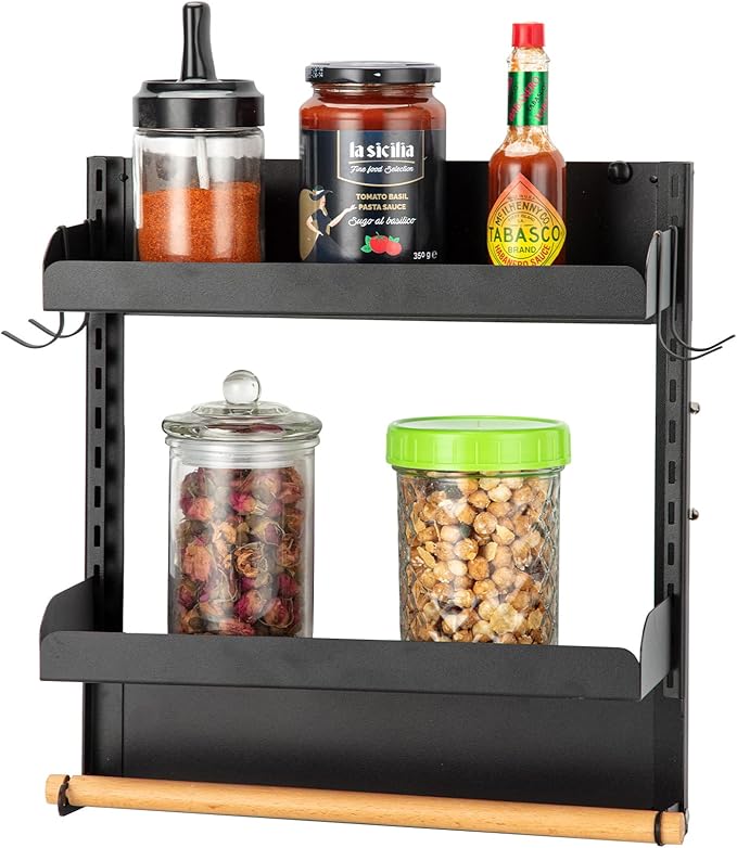 Magnetic Spice Rack, Magnetic Shelf with Paper Towel Holder 2 Tier Kitchen Refrigerator Storage Rack Fridge Magnet Organizer