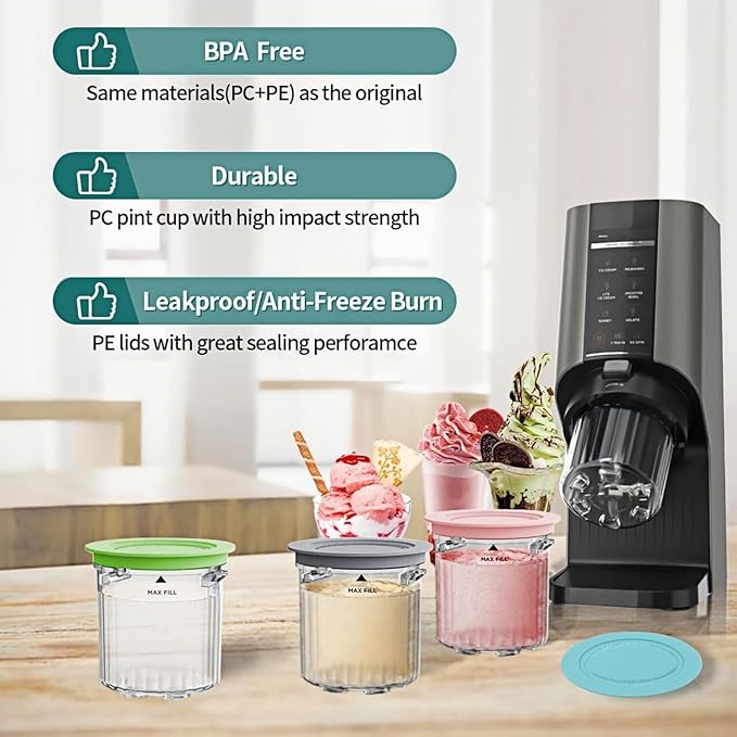 Pint Containers and Lids Replacement for Ninja Creami Breeze Ice Cream Maker - 4 Pack, 16oz Cups Compatible with NC101 NC201 NC201Q NC205A Series- BPA-Free & Dishwasher Safe