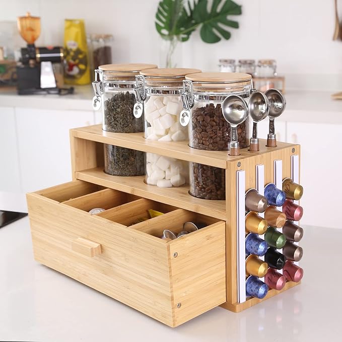 KKC HOME ACCENTS Bamboo Countertop Tea & Coffee Organizer with Airtight Glass Containers and Tea Bags Drawer