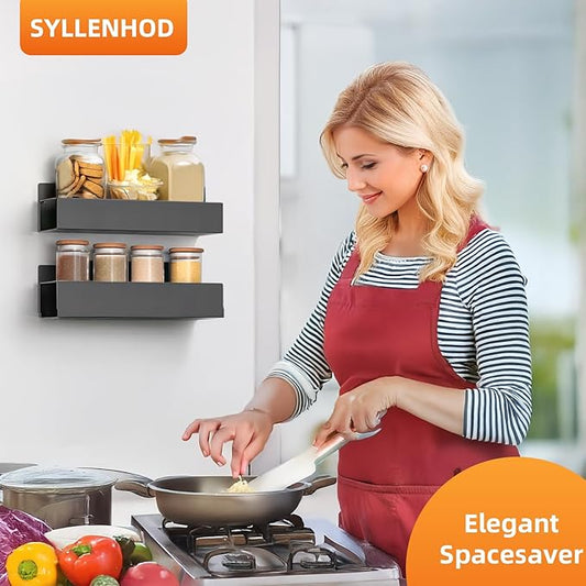 Kitchen Spice Rack: 2 Packs Black Adhesive Wall Mount - 11.8" Large Hanging Storage Organizer Cabinet Without Drilling for Smooth Wall - Work Room Bathroom Shelves