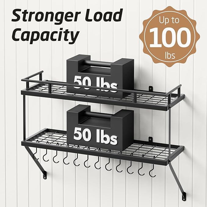 KES 30-Inch Kitchen Pot Rack - Mounted Hanging Rack for Kitchen Storage and Organization- Matte Black 2-Tier Wall Shelf for Pots and Pans Organizer with 12 Hooks - KUR215S75B-BK