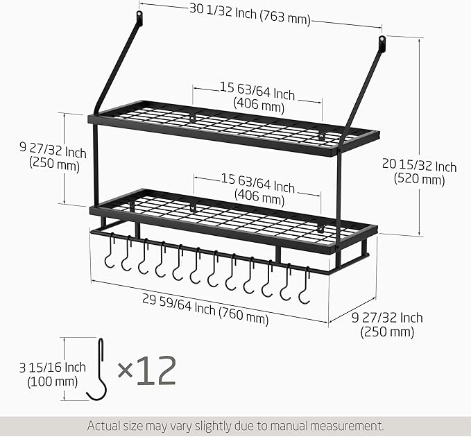 KES 30-Inch Kitchen Pot Rack - Mounted Hanging Rack for Kitchen Storage and Organization- Matte Black 2-Tier Wall Shelf for Pots and Pans Organizer with 12 Hooks - KUR215S75B-BK
