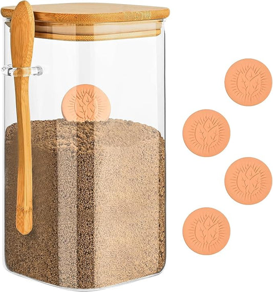 1500ML Brown Sugar Keeper, Glass Storage Containers with Bamboo Lids and Spoon, Airtight Clear Glass Jars Canister for Pasta, Nuts, Coffee Beans(Include 5 Brown Sugar Savers)
