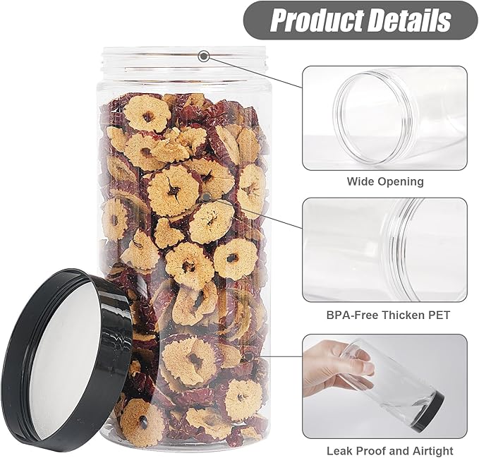 12 Pack 32 oz Plastic Storage with Lids,Airtight Clear Reusable Food Storage Jars for Kitchen Pantry Organization,BPA-Free Dry Food Canisters(Transparent)