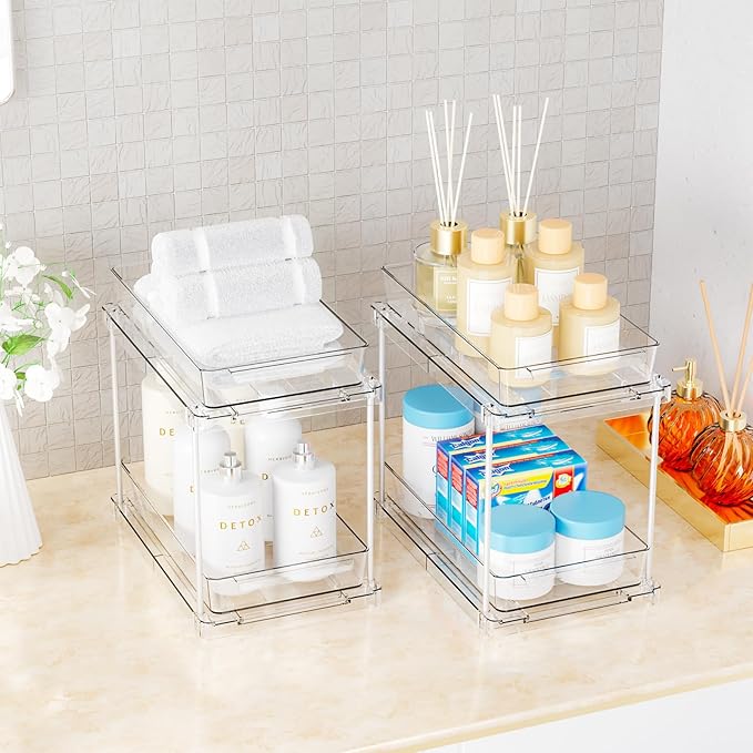 Yieach 2 Pack Bathroom Cabinet Organizers and Storage with Track,Clear Acrylic Under the Sink Organizer for Cupboard,Vanity Countertop Storage Bins,Plastic 2 Tier Pull Out Drawer for Makeup,Medicine