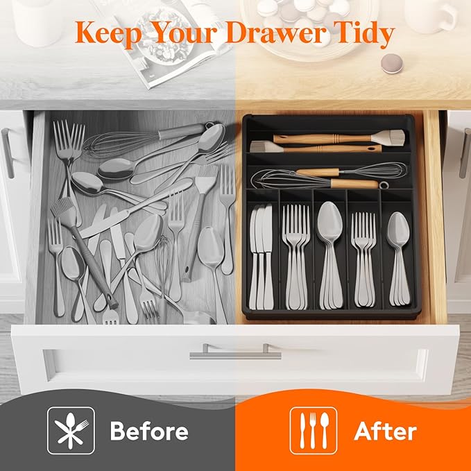Lifewit Silverware Tray, Deep Wide Cutlery Drawer Organizer Storage for Kitchen, Plastic Flatware Utensil Holder Divider for Spoons Forks Knives Tableware, 7 Compartment, Black