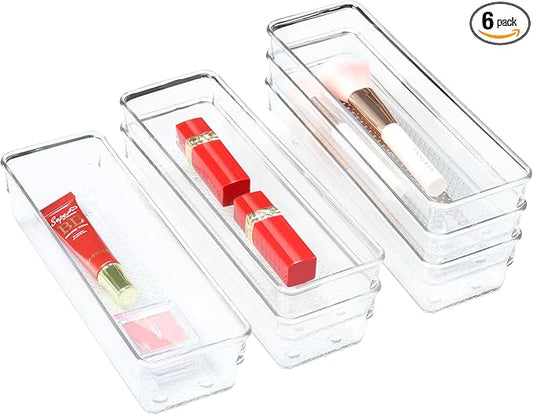 ihomecooker 6 Set Clear Plastic Junk Drawer Organizer Vanity Curlery Utensil Makeups Organizer for Kitchen 9''X 3''