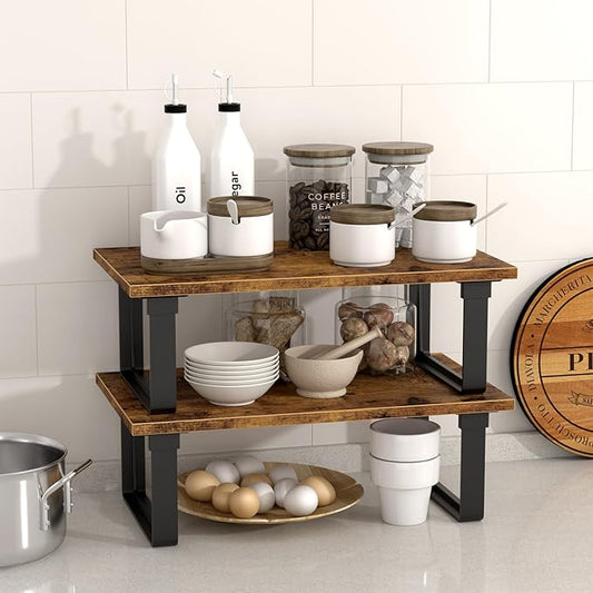Cabinet Shelf Organizers, Set of 4 Stable Kitchen Counter Shelves, Stackable Expandable Spice Racks, Wood Anti-Slip Kitchen Organizers and Storage, Easy to Assemble, Rustic Brown