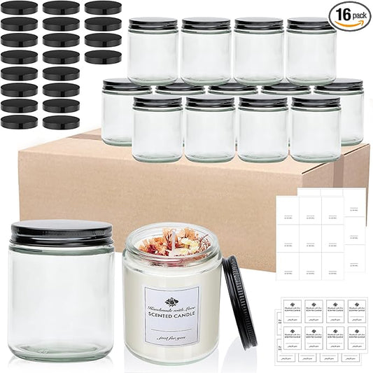 16 Pack 8 OZ Glass Jars with Lids gift for women,Candle Jars,Glass Jar for Candles, Samples, Spices, Powders