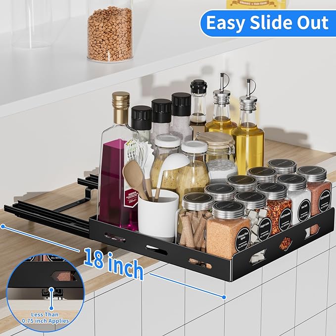 Pull Out Spice Rack Organizer for Cabinet, Heavy Duty-Slide Out Spice Rack, Vertical Spice Rack for Kitchen Cabinet and Pantry (10.5''Wx10.5''Dx2.8''H, Metal Black)
