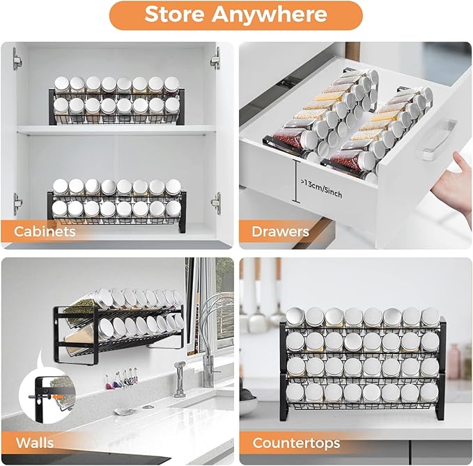 JONYJ Expandable Spice Rack Organizer for Cabinet, 4-tier Black Frosted Iron Countertop Stackable Seasoning Rack for Drawer, Wall Mount
