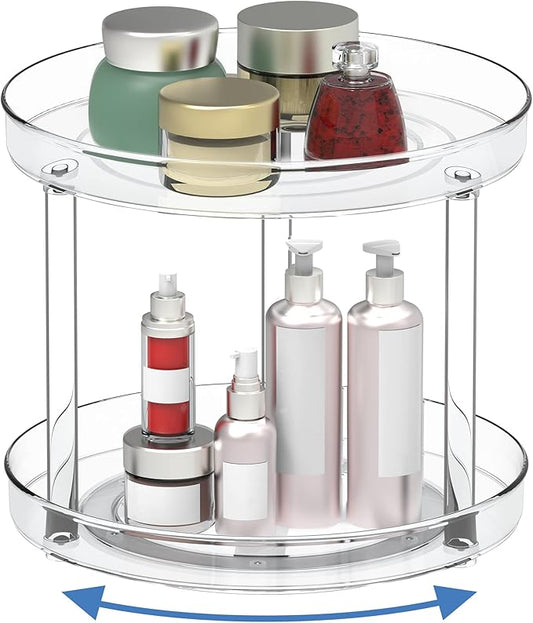 Lazy Susan Organizer 2 Tier, Round Plastic Turntable Organizer Organization Storage Container Bins,Spinning Organizer for Spices,Vanity Countertop Makeup Organizing(2 Tier 10.6 inch)
