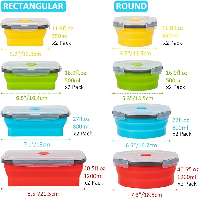 Collapsible Food Storage Containers with Lid & Air Vent, 16 Pack, 8 Rectangular + 8 Round, Annaklin Foldable Silicone Lunch Containers Collapsible Bowls Set, Microwave Freezer Dishwasher Safe, 4-Color