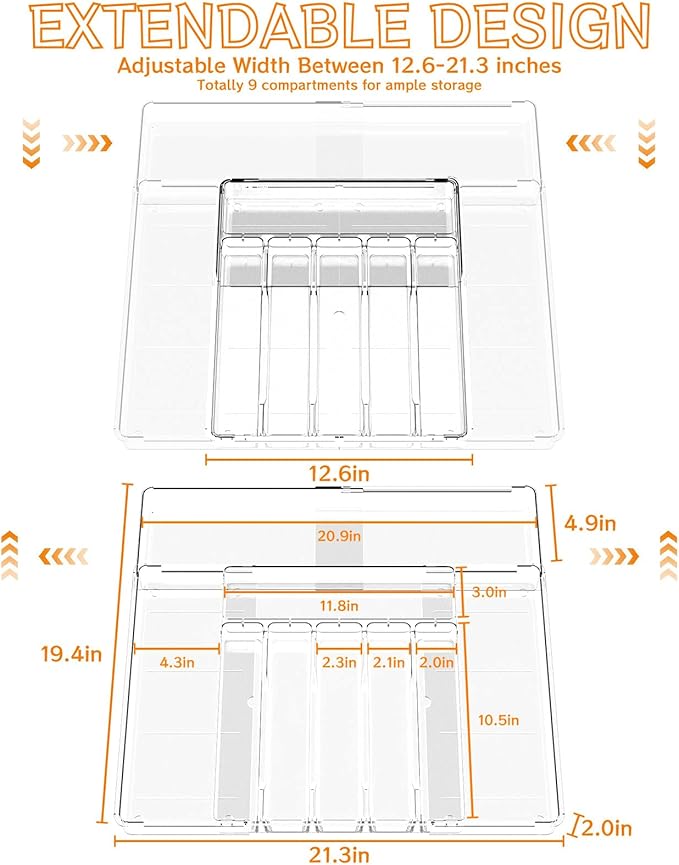 Acina Silverware Organizer for Kitchen Drawers: Expandable Cooking Utensil Tray - Adjustable Cutlery Flatware Holder - Spatula Tools Gadgets Storage Divider Clear (Expandable Tray with 9-Drawers)