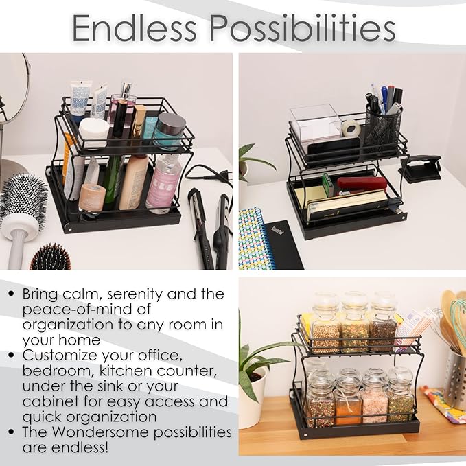 Wondersome Pull-Out Spice Rack Organizer for Cabinet Shelf - Matt Black - 2-Tier Kitchen Jars Organization and Storage Tray - EZ-Slide Rolling Drawer Wheels - Assembles in Moments - US-Based Brand