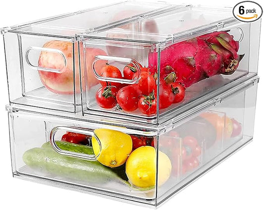 3 Pack Refrigerator Organizer Bins with Pull-out Drawer, Large Stackable Fridge Drawer Organizer Set with Handle, Drawable Clear Storage Cases for Freezer, Cabinet, Kitchen, Pantry Organization