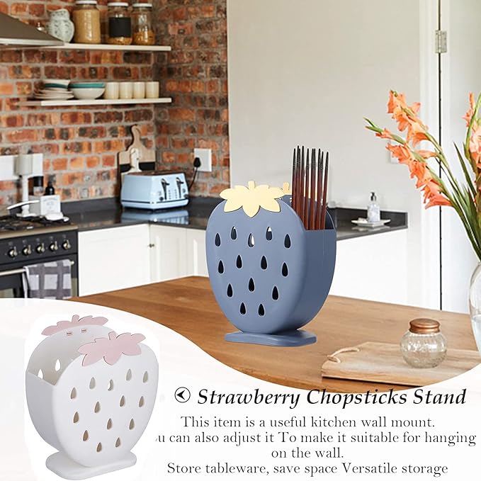 AKOAK 1 Pack Strawberry Chopsticks Stand, Cutlery Storage Box, Suitable for Storing Spoons, Chopsticks, Spoons, Knives and Other Kitchen Utensils (Creamy White)
