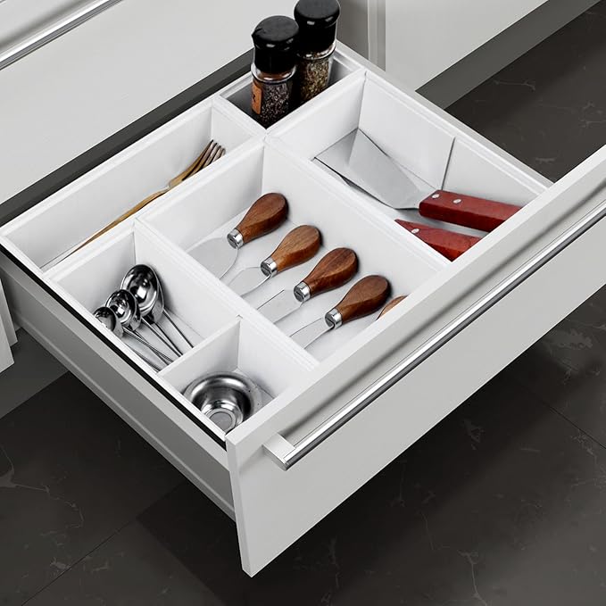 Bamboo Drawer Organizer,5 PCS Silverware Organizer & Kitchen Organizers and Storage,Utensil Drawer Organizer With Removable Dividers for Kitchen,Utensils,Bathroom,Office,Makeup(White)