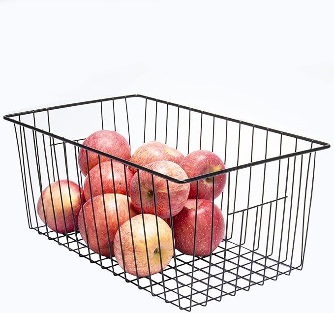 16inch Freezer Wire Storage Organizer Baskets, Household Refrigerator Bin with Built-in Handles for Cabinet, Pantry, Closet, Bedroom
