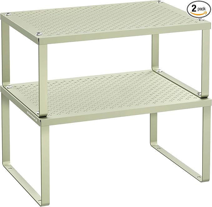 SONGMICS Spice Racks, Set of 2 Metal Cabinet Shelf Organizers, Countertop Organizers, Shelf Risers, Stackable, Expandable, Laurel Green UKCS001C01